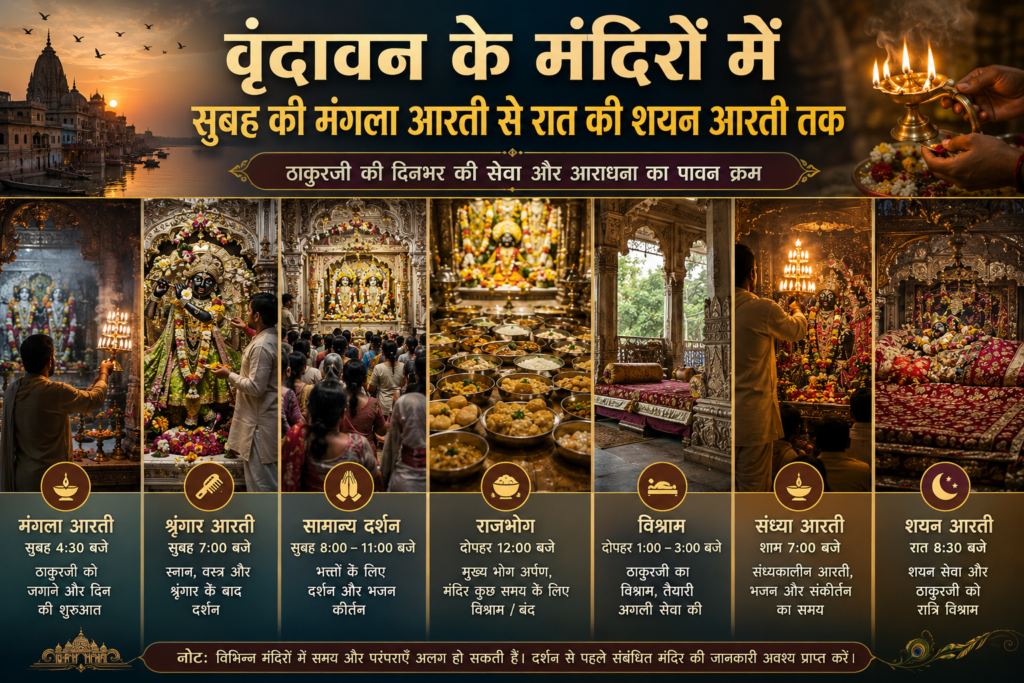 वृंदावन के मंदिर में सुबह की आरती और दिनभर की ठाकुरजी सेवा का दृश्य