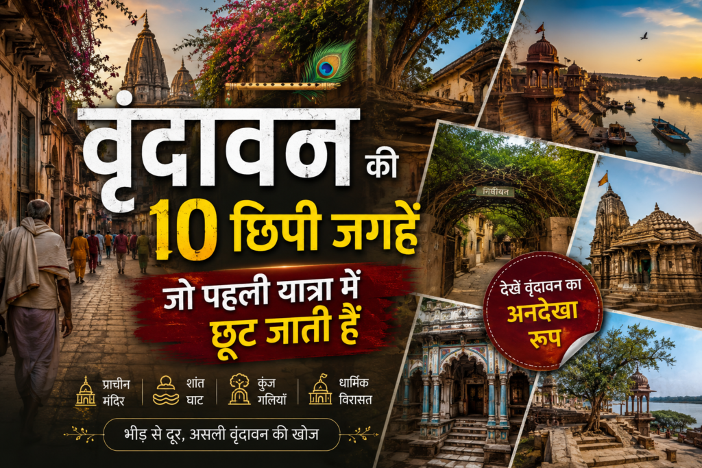 पुराने वृंदावन की गली में मंदिर वास्तुकला और स्थानीय तीर्थयात्री