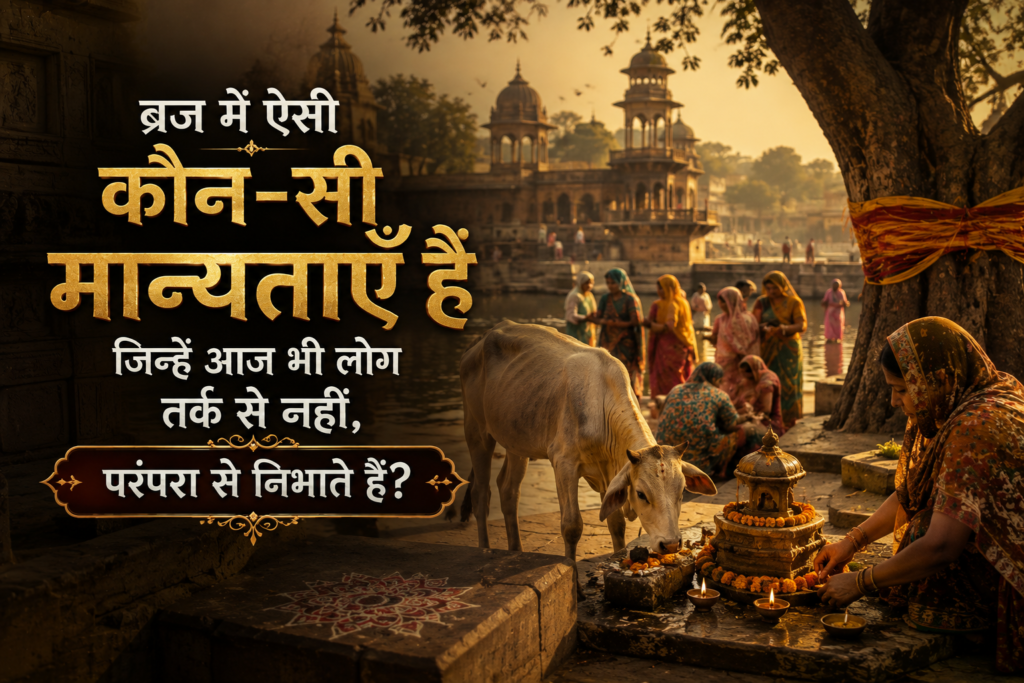 वृंदावन की ब्रज गली में धार्मिक परंपरा निभाते स्थानीय ब्रजवासी और तीर्थयात्री