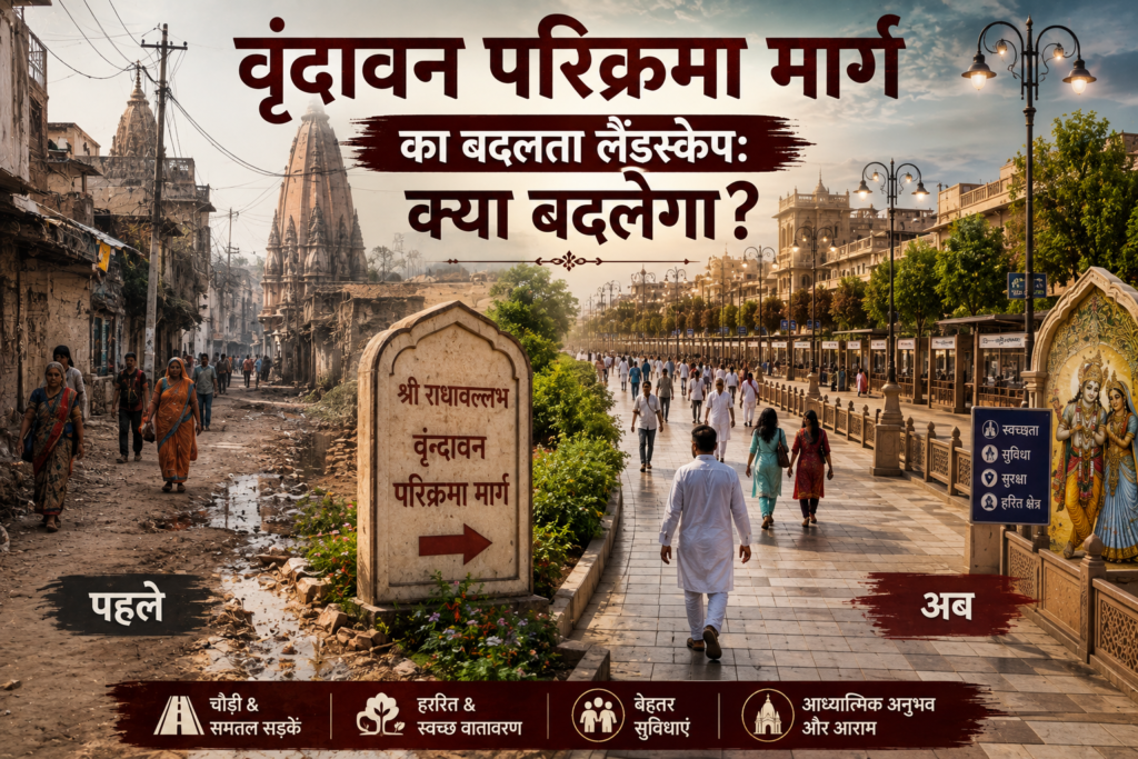 वृंदावन परिक्रमा मार्ग पर श्रद्धालुओं और बदलते शहरी लैंडस्केप का दृश्य