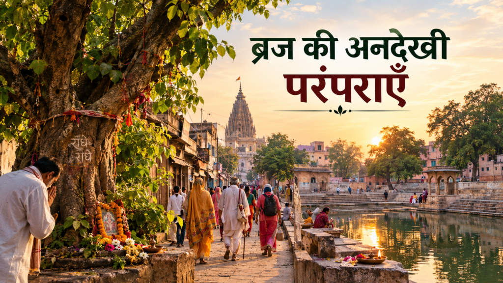 वृंदावन की गली, पवित्र वृक्ष, कुंड और परिक्रमा करते श्रद्धालुओं को दिखाती ब्रज की धार्मिक परंपरा