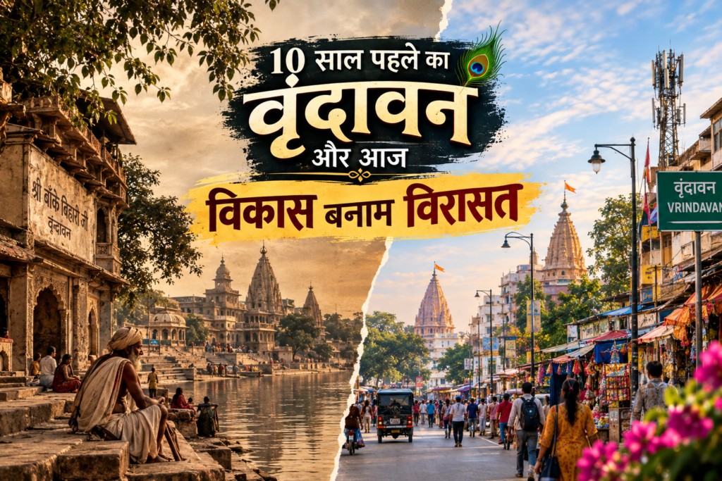 पुरानी वृंदावन गलियों और आधुनिक शहरी विकास के बीच बदलते शहर का दृश्य
