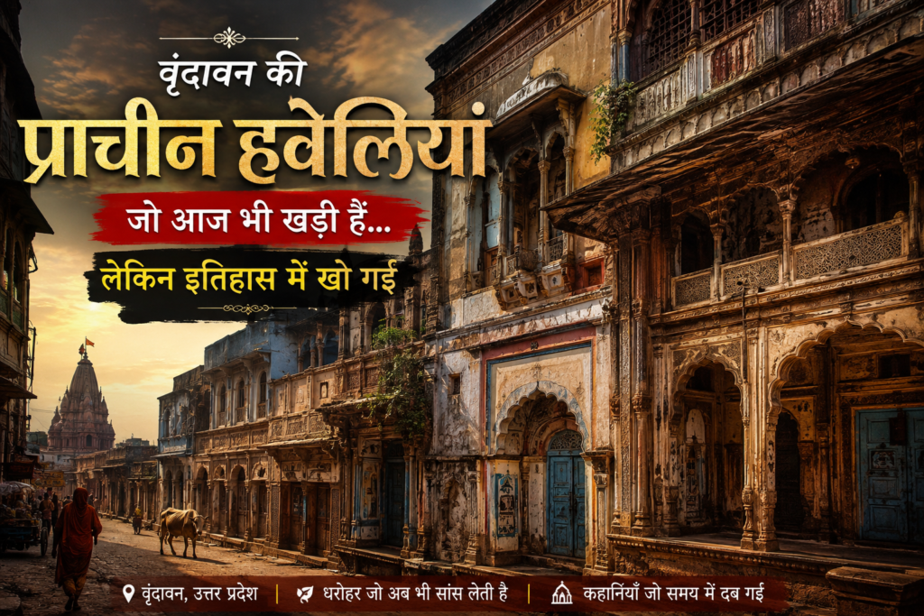 वृंदावन में यमुना तट के पास ऐतिहासिक हवेली और कुंज वास्तुकला