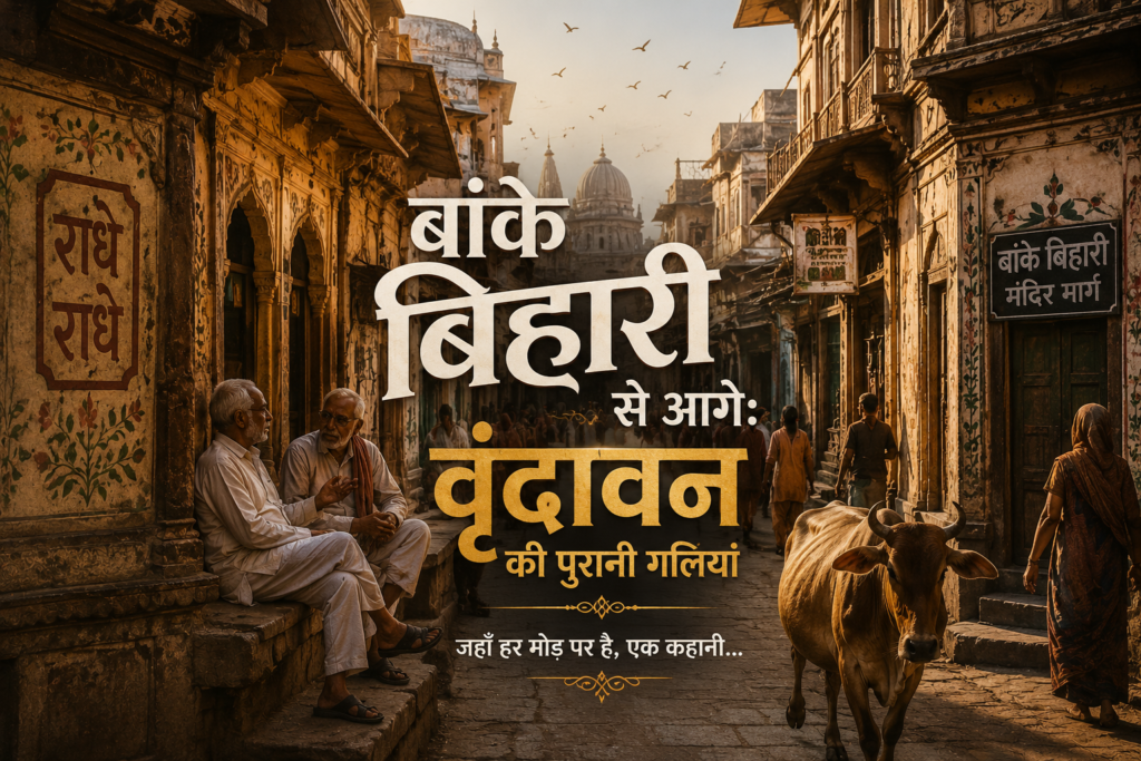 बांके बिहारी मंदिर से आगे वृंदावन की पुरानी गली और स्थानीय ब्रज जीवन