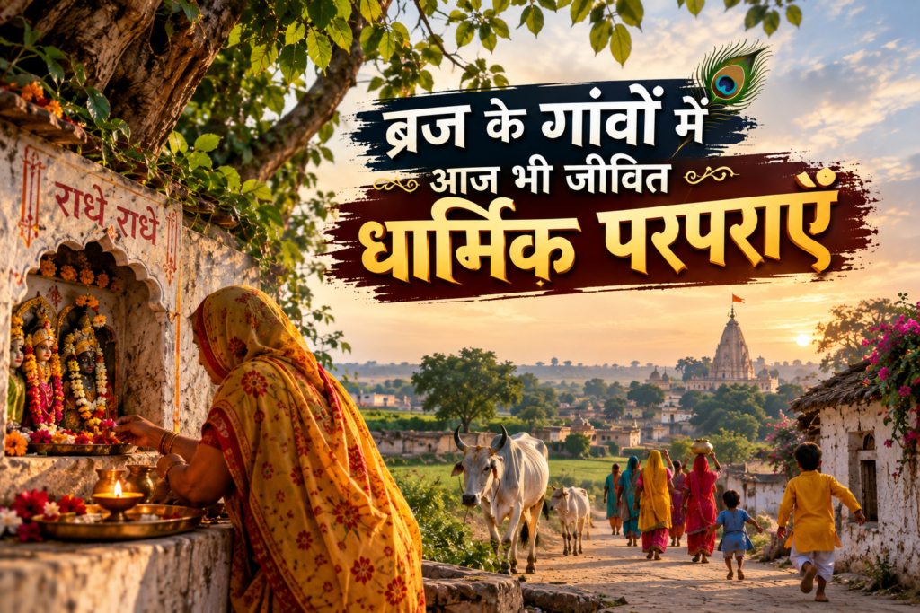 ब्रज के गांव में कुंड और छोटे देवस्थल के आसपास धार्मिक परंपरा निभाते स्थानीय लोग