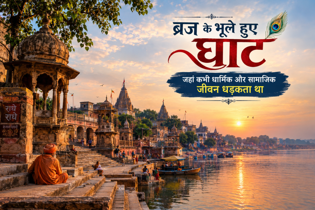 ब्रज के पुराने यमुना घाट और वृंदावन की ऐतिहासिक विरासत का दृश्य