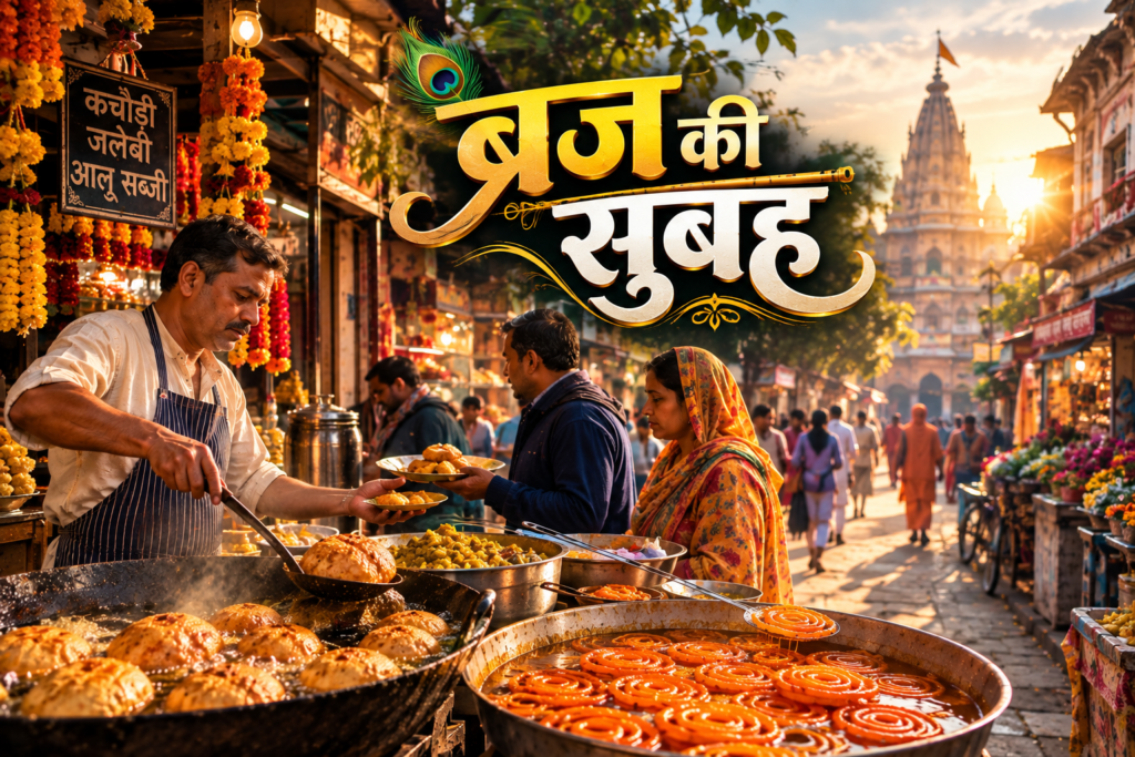 वृंदावन की पुरानी गली में कचौड़ी, आलू की सब्जी और ताजी जलेबी का सुबह का नाश्ता