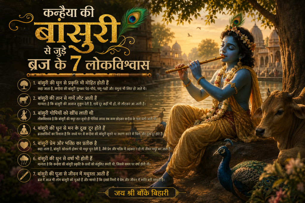 वृंदावन की पुरानी गली में रखी पारंपरिक बांस की मुरलियां और ब्रज संस्कृति का दृश्य