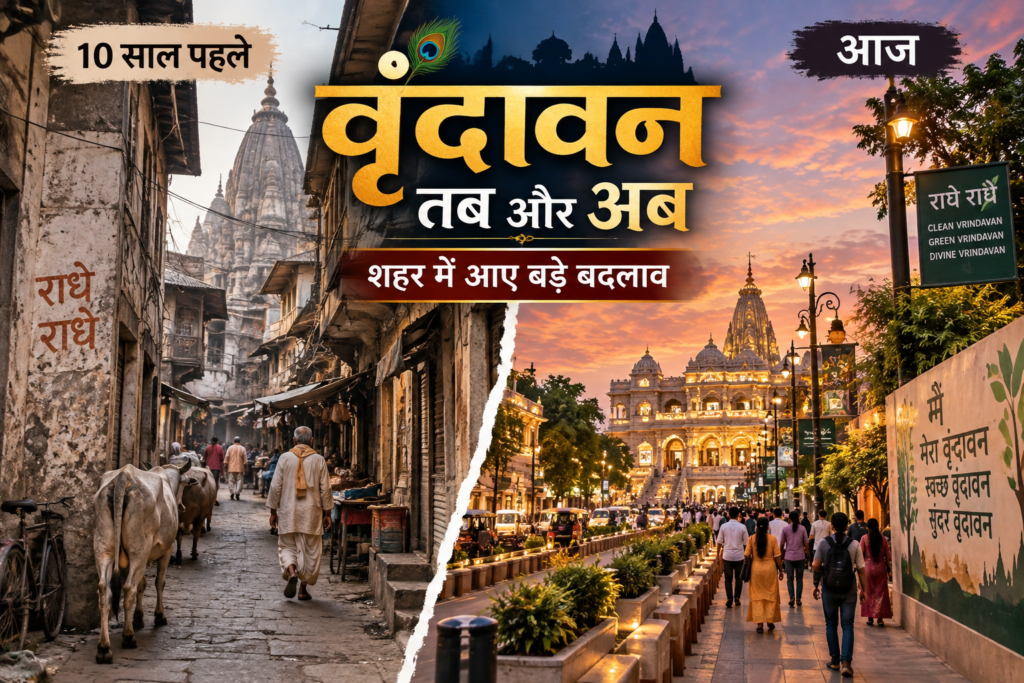 10 साल में बदलते वृंदावन की पुरानी गलियों और आधुनिक सड़क का दृश्य