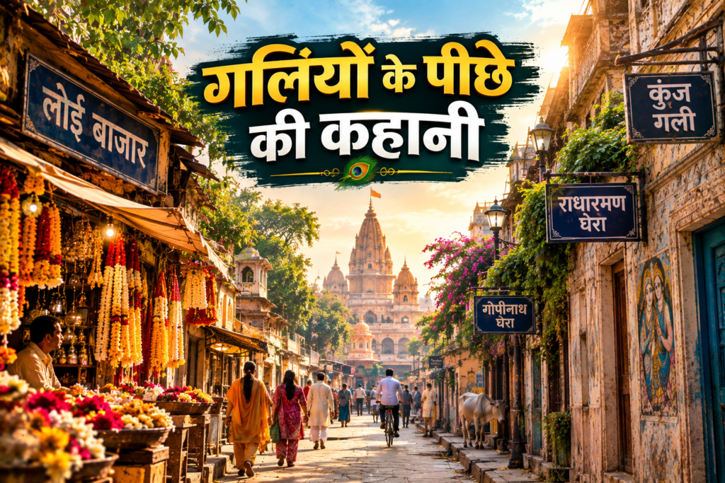 वृंदावन की पुरानी गली में मंदिर और स्थानीय बाजार का ऐतिहासिक दृश्य