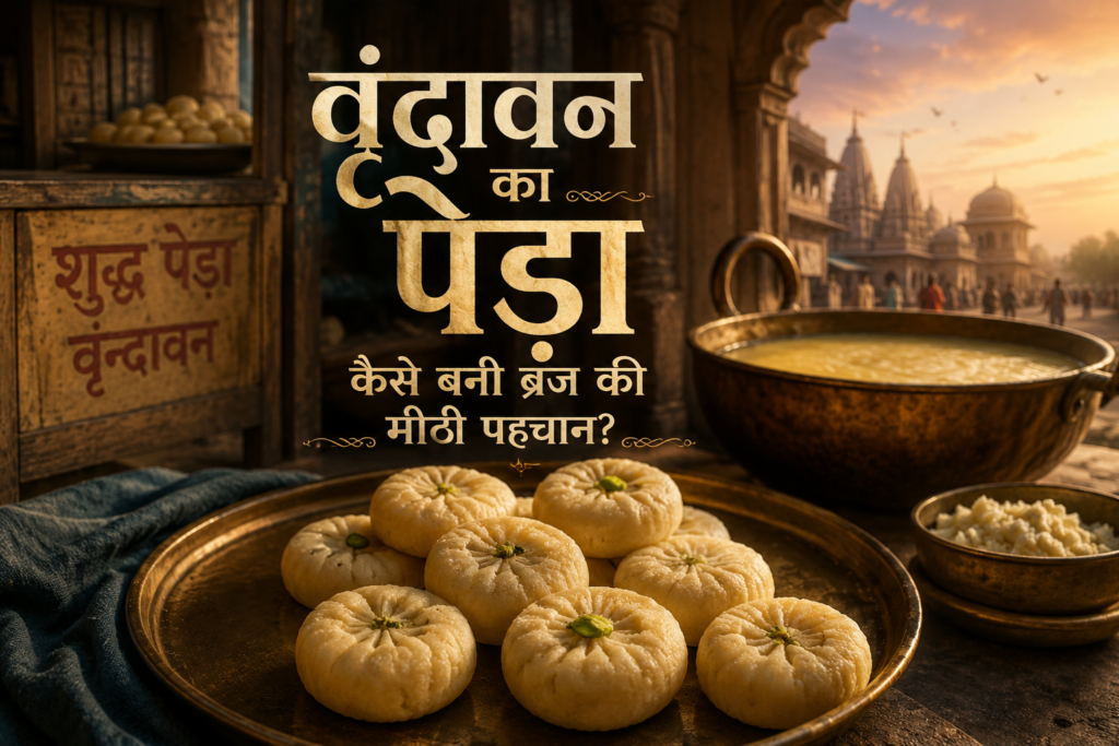 वृंदावन की पारंपरिक मिठाई की दुकान में रखे मथुरा शैली के पेड़े