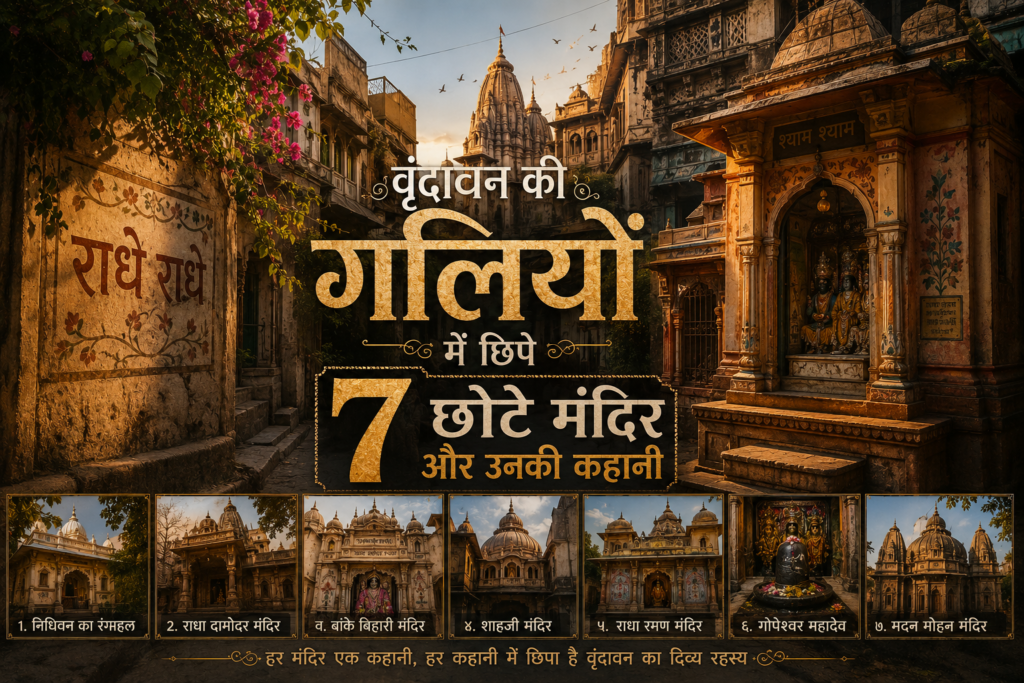 वृंदावन की पुरानी गली में स्थित छोटे मंदिर और स्थानीय धार्मिक वातावरण
