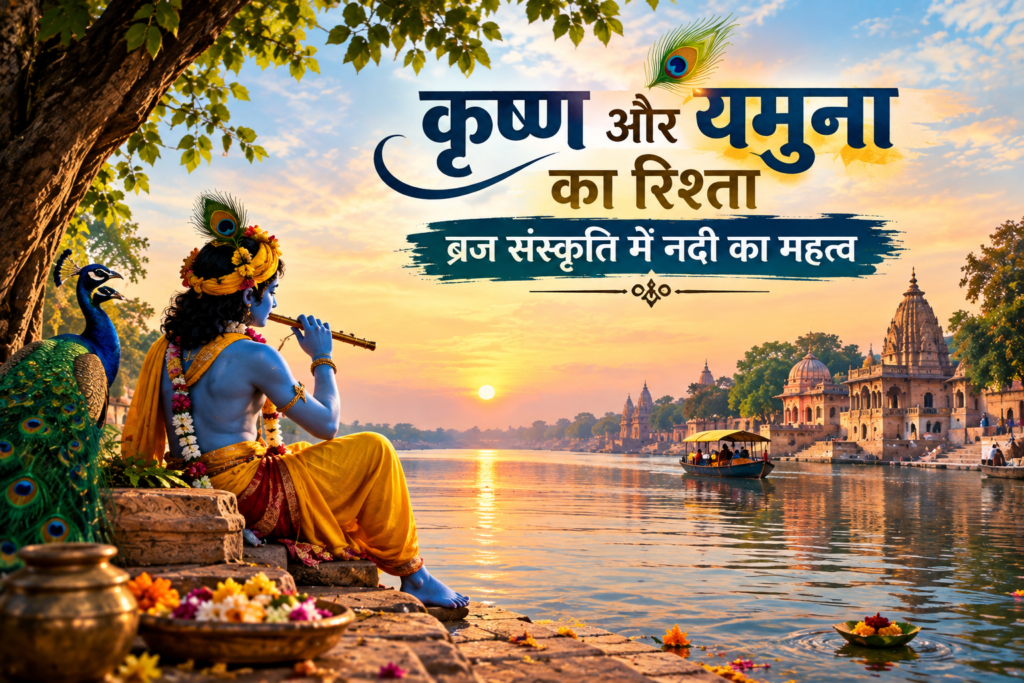 वृंदावन में यमुना घाट और कृष्ण से जुड़ी ब्रज संस्कृति का दृश्य